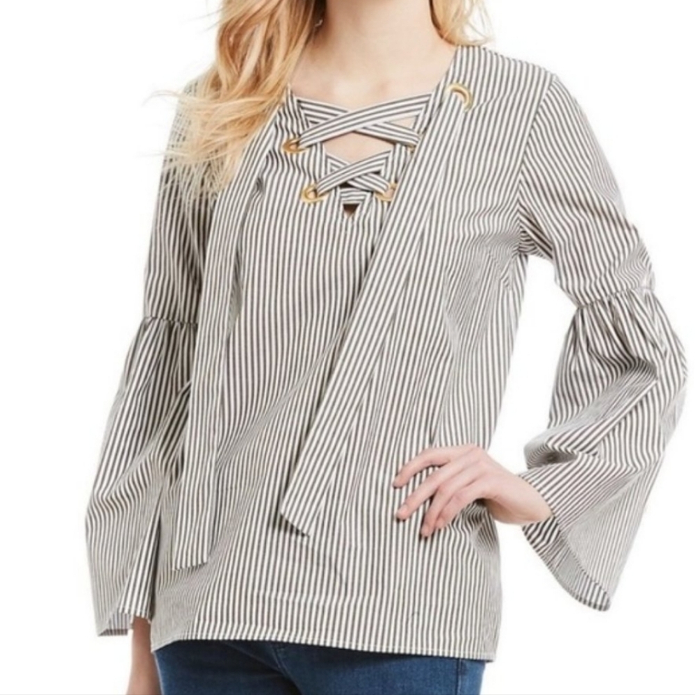 Michael Kors Blue White Stripe Lace Up Bell Sleeve Blouse Small